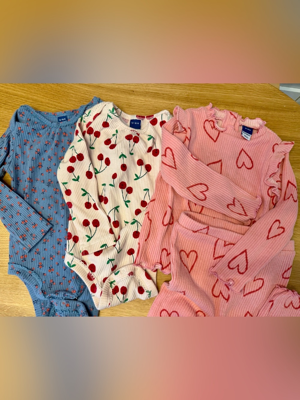 Old Navy Cherry, Flower Print Ribbed Bodysuit & Pink Heart Ribbed Set
